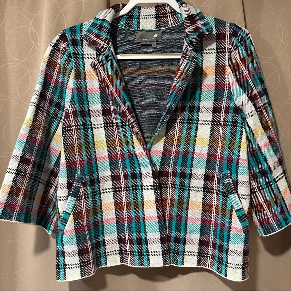 Anthropologie Women's Blazer Teal Multi Rosetta Cropped Plaid Knit Jacket SMALL